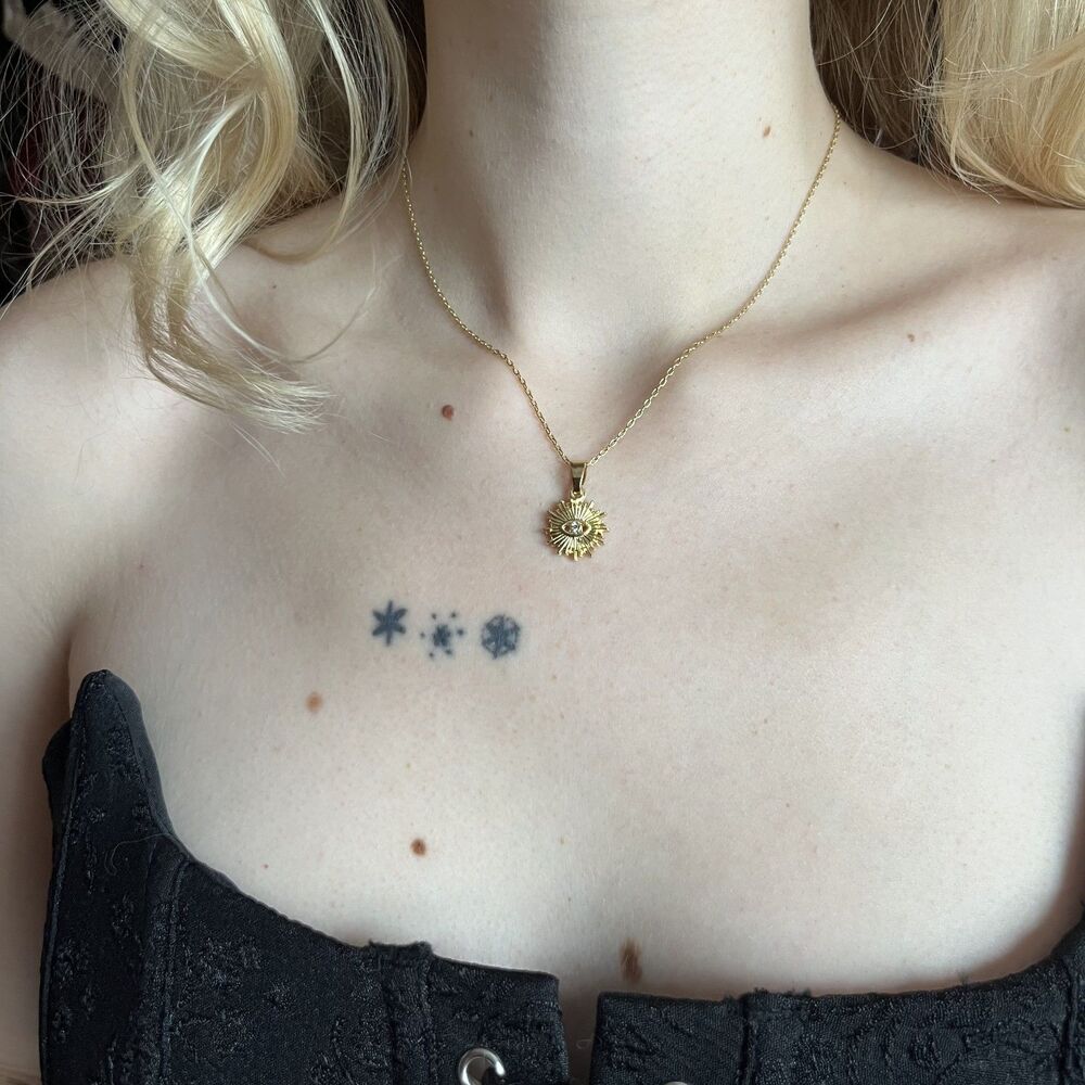 Delicate Gold Sun Evil Eye Necklace 16in Gold Chain Layering Bohemian Minimalist